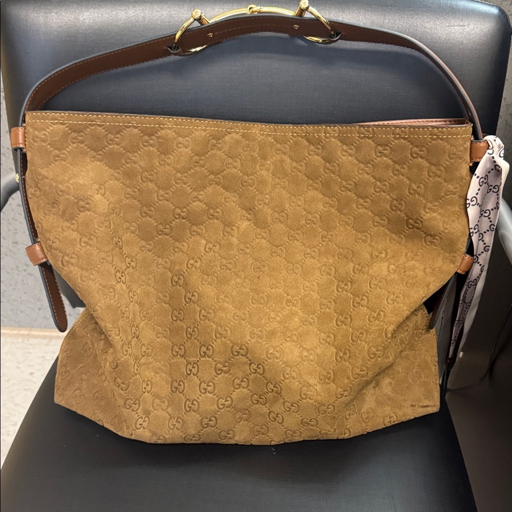 Brown Suede Monogram Hobo Bag - Picture 7 of 10